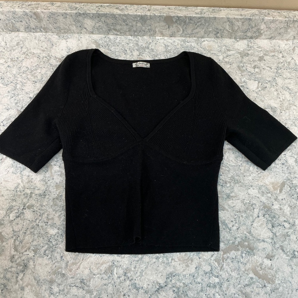 Free People‎ Top Intimately Small Black Ribbed Sweetheart Neck Short Sleeve Crop